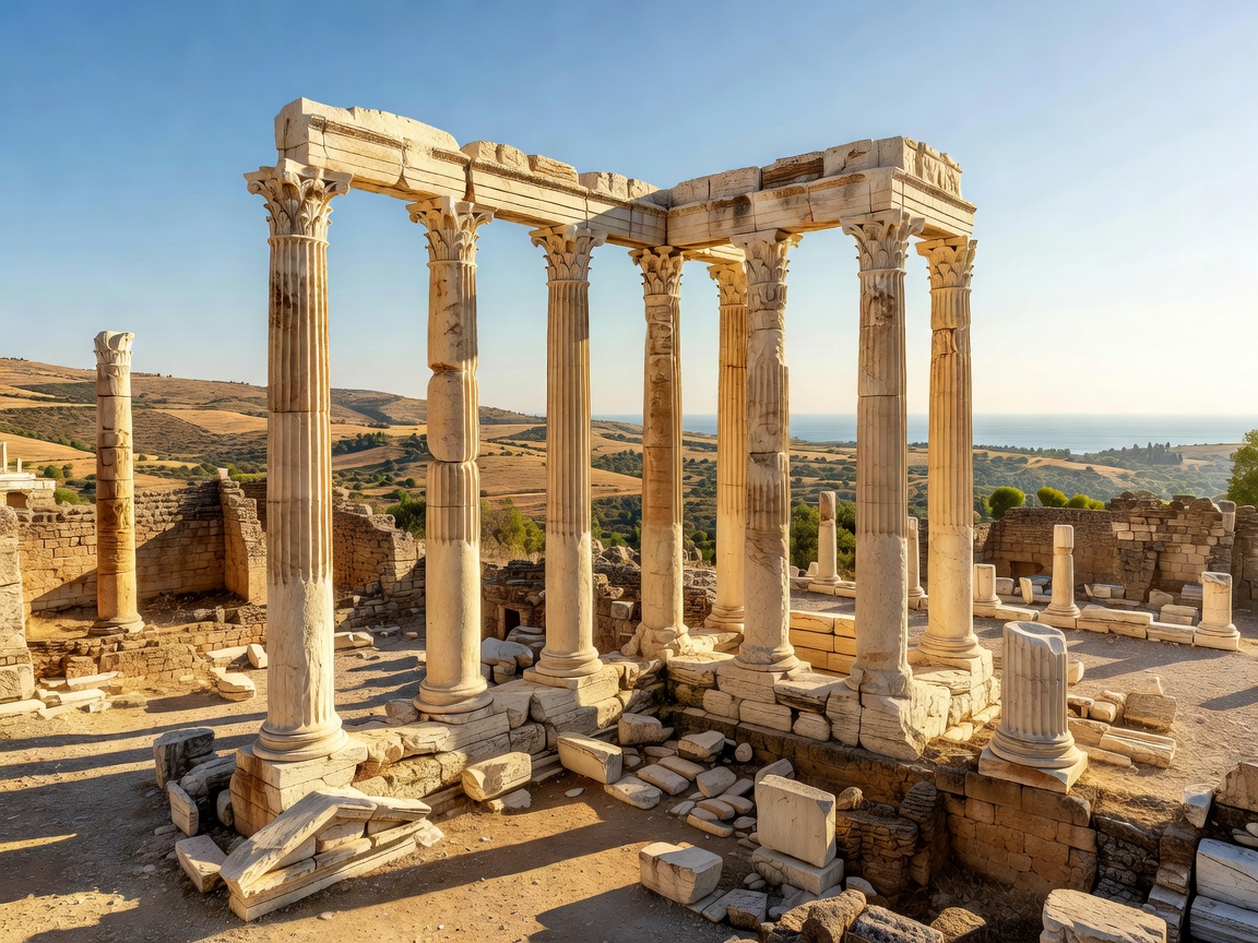 Ancient Roman temple pillars and classical ruins under Mediterranean sunlight