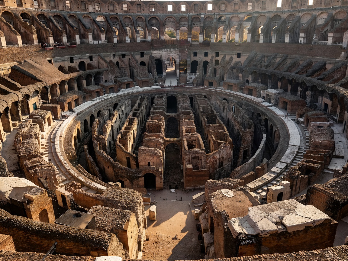 Detailed high-angle view of the interior stone tiers and hypogeum labyrinth of the Colosseum in Rome
