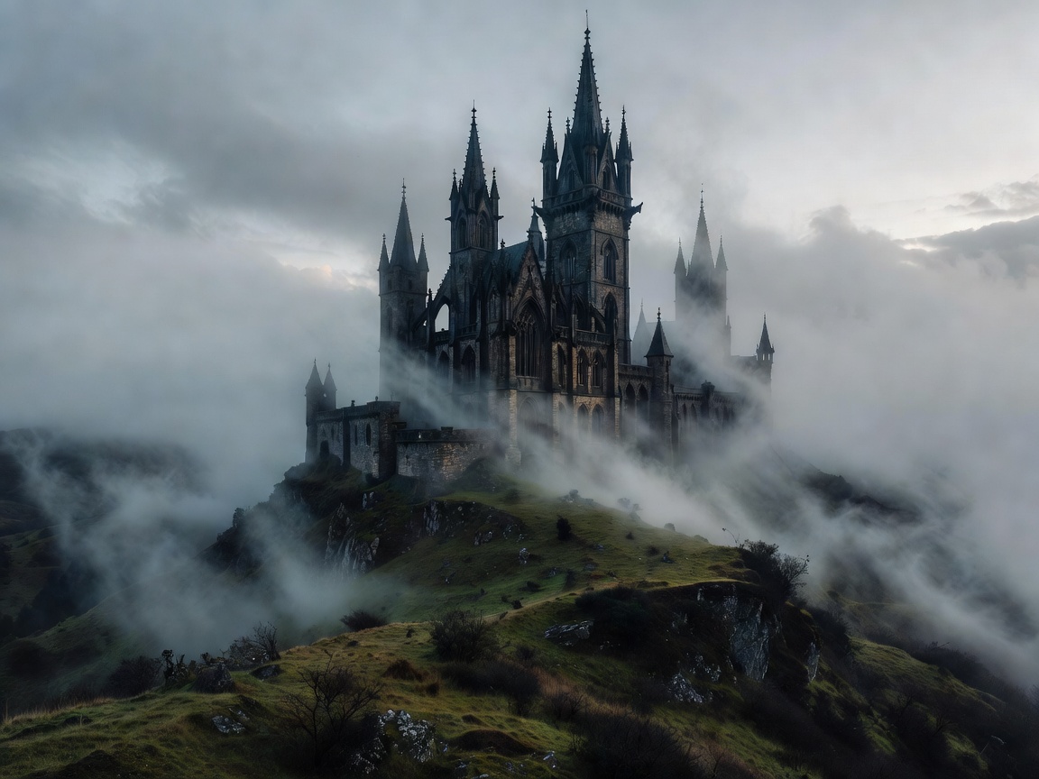 Gothic medieval castle towers on a misty hill in Europe