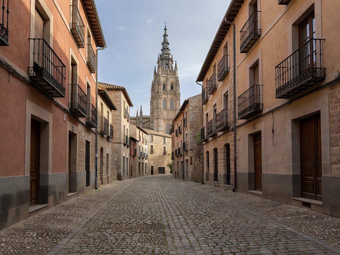 Historic cobblestone streets and cathedral spire in Toledo Spain