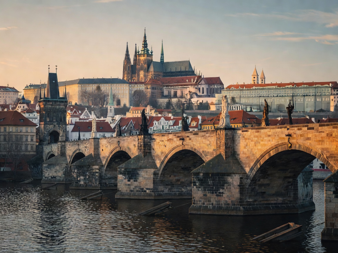 The Charles Bridge towers and Prague Castle across Vltava river Czech Republic