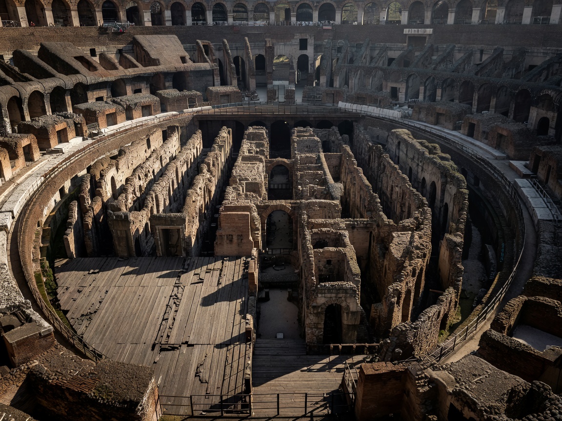 The Colosseum interior arena floor and subterranean hypogeum in Rome Italy