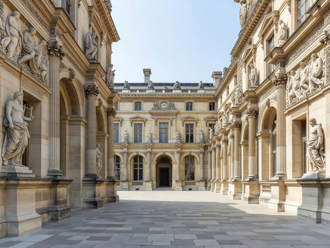 The Grand Louvre courtyard with classical architectural relief sculptures