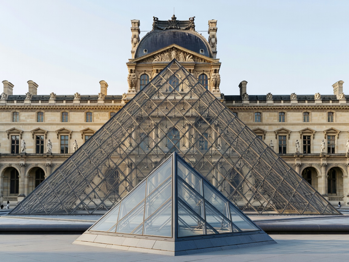 The Louvre Museum glass pyramid and royal renaissance facade in Paris France